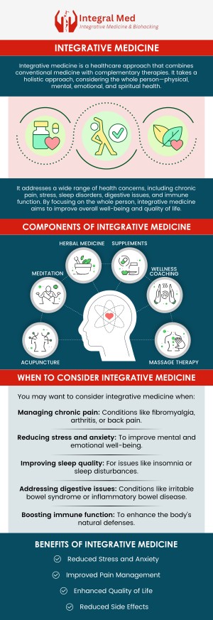 Integrative medicine combines conventional medical treatments with alternative therapies to address the root causes of health issues. By focusing on the whole person, body, mind, and spirit, integrative medicine aims to improve overall well-being, enhance the body's natural healing abilities, and promote long-term health. At Integral Med, our professional team offers personalized integrative medicine solutions to help you achieve optimal health and vitality. For more information, contact us today or schedule an appointment online. We are conveniently located at 340 W Butterfield Rd, Suite 3C, Elmhurst, IL 60126. Integrative medicine combines conventional medical treatments with alternative therapies to address the root causes of health issues. By focusing on the whole person, body, mind, and spirit, integrative medicine aims to improve overall well-being, enhance the body's natural healing abilities, and promote long-term health. At Integral Med, our professional team offers personalized integrative medicine solutions to help you achieve optimal health and vitality. For more information, contact us today or schedule an appointment online. We are conveniently located at 340 W Butterfield Rd, Suite 3C, Elmhurst, IL 60126.