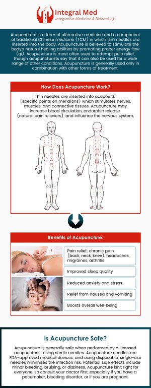 Acupuncture offers numerous health benefits, from pain relief to improved emotional well-being. By stimulating specific points on the body, acupuncture promotes healing, reduces inflammation, and enhances circulation. At Integral Med, our professional team is dedicated to providing personalized acupuncture treatments that support your health and wellness goals. Whether you're seeking relief from chronic pain or looking to improve your mental well-being, we are here to guide you on your journey to better health. For more information, contact us or schedule an appointment online. We are conveniently located at 340 W Butterfield Rd Suite 3C, Elmhurst, IL 60126. Acupuncture offers numerous health benefits, from pain relief to improved emotional well-being. By stimulating specific points on the body, acupuncture promotes healing, reduces inflammation, and enhances circulation. At Integral Med, our professional team is dedicated to providing personalized acupuncture treatments that support your health and wellness goals. Whether you're seeking relief from chronic pain or looking to improve your mental well-being, we are here to guide you on your journey to better health. For more information, contact us or schedule an appointment online. We are conveniently located at 340 W Butterfield Rd Suite 3C, Elmhurst, IL 60126.