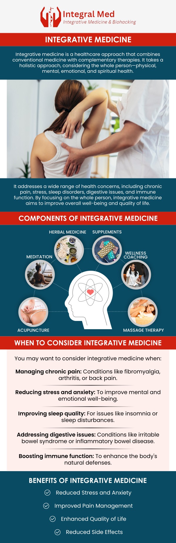 At Integral Med, our professional team provides a holistic and personalized approach to your health. We combine evidence-based conventional treatments with proven complementary therapies to address the root cause of your symptoms. Our goal is to empower you with the knowledge and tools to achieve lasting wellness for your mind, body, and spirit. For more information, contact us or schedule an appointment online. We are conveniently located at 340 W Butterfield Rd Suite 3C, Elmhurst, IL 60126.