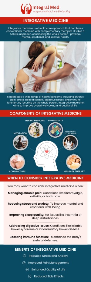 At Integral Med, our professional team provides a holistic and personalized approach to your health. We combine evidence-based conventional treatments with proven complementary therapies to address the root cause of your symptoms. Our goal is to empower you with the knowledge and tools to achieve lasting wellness for your mind, body, and spirit. For more information, contact us or schedule an appointment online. We are conveniently located at 340 W Butterfield Rd Suite 3C, Elmhurst, IL 60126.