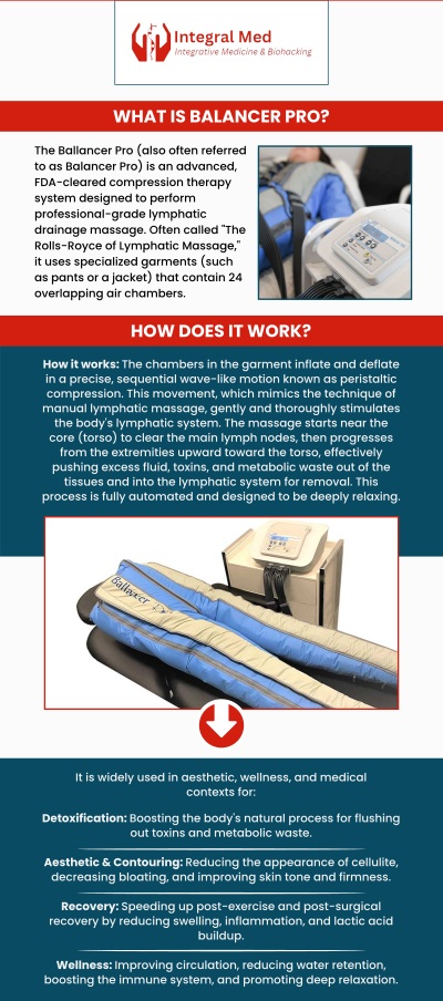 The Ballancer Pro offered at Integral Med stimulates the lymphatic system to drain toxins, metabolic waste, and excess water from the body directly after treatment. Ballancer Pro promotes cell and tissue regeneration, diminishes water weight, and enhances slimming and contouring. Ballancer Pro is available at Integral Med. Contact us today for more information or schedule an appointment online. We are conveniently located at 340 W Butterfield Rd Suite 3C, Elmhurst, IL 60126.