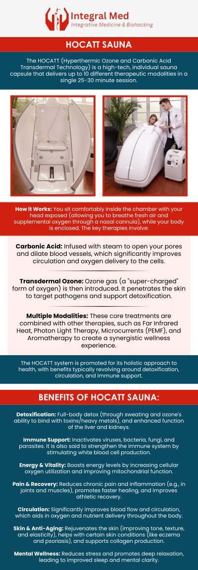 HOCATT Therapy is an advanced treatment designed to promote detoxification, improve overall wellness, and enhance the body's natural healing processes. It is a non-invasive method that helps individuals improve energy levels, reduce inflammation, and accelerate recovery, making it a popular choice for people seeking holistic wellness solutions. At Integral Med, our professional team offers HOCATT Therapy as part of our comprehensive health and wellness services. For more information, contact us today or schedule an appointment online. We are conveniently located at 340 W Butterfield Rd, Suite 3C, Elmhurst, IL 60126. HOCATT Therapy is an advanced treatment designed to promote detoxification, improve overall wellness, and enhance the body's natural healing processes. It is a non-invasive method that helps individuals improve energy levels, reduce inflammation, and accelerate recovery, making it a popular choice for people seeking holistic wellness solutions. At Integral Med, our professional team offers HOCATT Therapy as part of our comprehensive health and wellness services. For more information, contact us today or schedule an appointment online. We are conveniently located at 340 W Butterfield Rd, Suite 3C, Elmhurst, IL 60126.