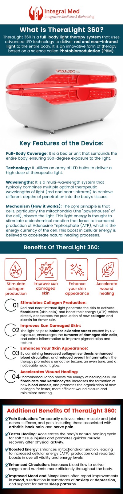 Red light therapy has been shown to provide numerous health benefits, from mood improvement and increased energy levels to better sleep patterns and mental clarity. TheraLight 360 Red Light Therapy, being a painless and side-effect-free treatment, can be easily incorporated into someone's wellness routine. TheraLight 360 offered at Integral Med is a highly advanced full-body red light therapy that has provided tremendous relief to many of our patients in Elmhurst IL. To learn more about the integrative services we offer, contact us today, or book an appointment online. We are conveniently located at 340 W Butterfield Rd Suite 3C, Elmhurst, IL 60126.