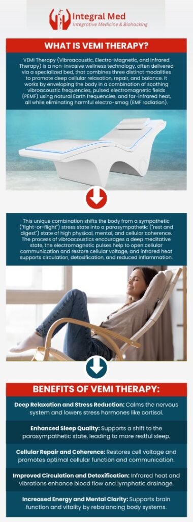 VEMI Bio Synchronizer bed offered at Integral Med. It features three distinct modalities, vibroacoustic, electromagnetic and far infrared heat to synchronize the body's natural rhythm. The bed is designed to enhance the body's natural healing process, reduce stress, reset, restore and improve overall well-being. By using low frequencies, the VEMI re-establishes coherence and order within the bio-physiology of the body. One 30 minute session will give you the ability to have the feeling of relaxation and energy restoration which may last for days. Book your 30 minute or 60 minute session today. Contact us today for more information. We are conveniently located at 340 W Butterfield Rd Suite 3C, Elmhurst, IL 60126. VEMI Bio Synchronizer bed offered at Integral Med. It features three distinct modalities, vibroacoustic, electromagnetic and far infrared heat to synchronize the body's natural rhythm. The bed is designed to enhance the body's natural healing process, reduce stress, reset, restore and improve overall well-being. By using low frequencies, the VEMI re-establishes coherence and order within the bio-physiology of the body. One 30 minute session will give you the ability to have the feeling of relaxation and energy restoration which may last for days. Book your 30 minute or 60 minute session today. Contact us today for more information. We are conveniently located at 340 W Butterfield Rd Suite 3C, Elmhurst, IL 60126.