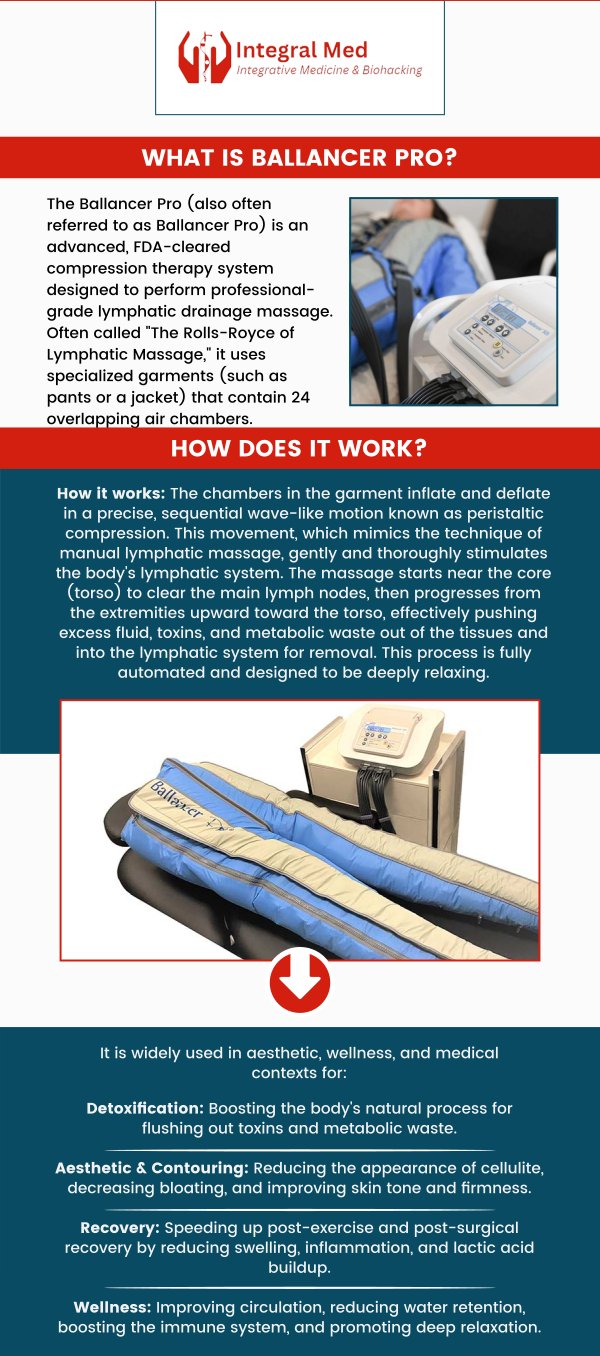 The Ballancer Pro offered at Integral Med stimulates the lymphatic system to drain toxins, metabolic waste, and excess water from the body directly after treatment. Ballancer Pro promotes cell and tissue regeneration, diminishes water weight, and enhances slimming and contouring. Ballancer Pro is available at Integral Med. Contact us today for more information or schedule an appointment online. We are conveniently located at 340 W Butterfield Rd Suite 3C, Elmhurst, IL 60126.