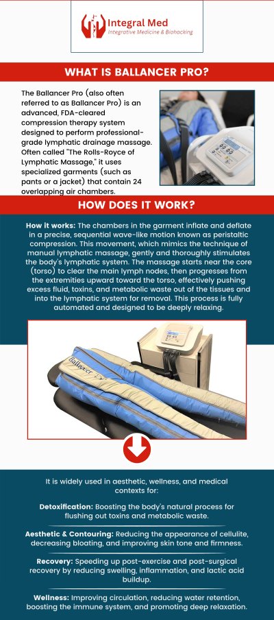 The Ballancer Pro offered at Integral Med stimulates the lymphatic system to drain toxins, metabolic waste, and excess water from the body directly after treatment. Ballancer Pro promotes cell and tissue regeneration, diminishes water weight, and enhances slimming and contouring. Ballancer Pro is available at Integral Med. Contact us today for more information or schedule an appointment online. We are conveniently located at 340 W Butterfield Rd Suite 3C, Elmhurst, IL 60126.